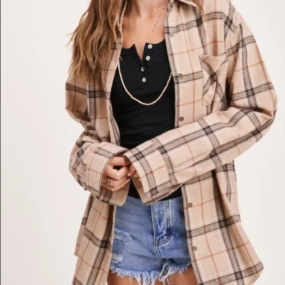 La Miel Tan Camel Plaid Button Down Flannel Small - Picture 9 of 10